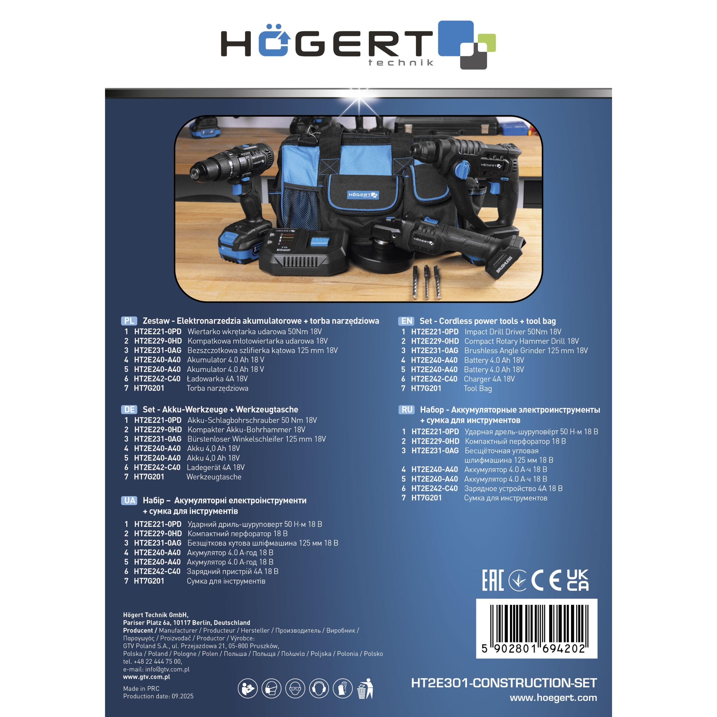 HÖGERT TECHNIK - Juego de herramientas eléctricas a batería 18 V Taladro percutor Martillo perforador SDS+ Amoladora angular 125 mm 2 baterías de 4 Ah Cargador de 4 A Juego de herramientas