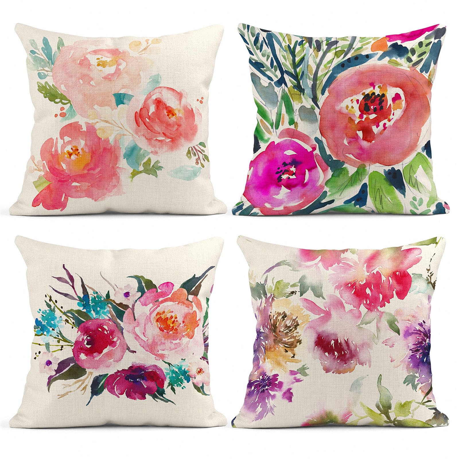 Housses de coussin 45x45 cm lot de 4 fleur rose en lin lavable pour rénover votre canapé