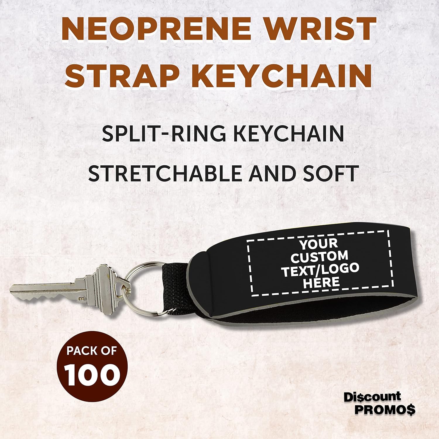 DISCOUNT PROMOS 100 Neoprene Strap Keychains Set - Customizable Text, Logo - Stretchable, Split-ring, Vibrant - Black