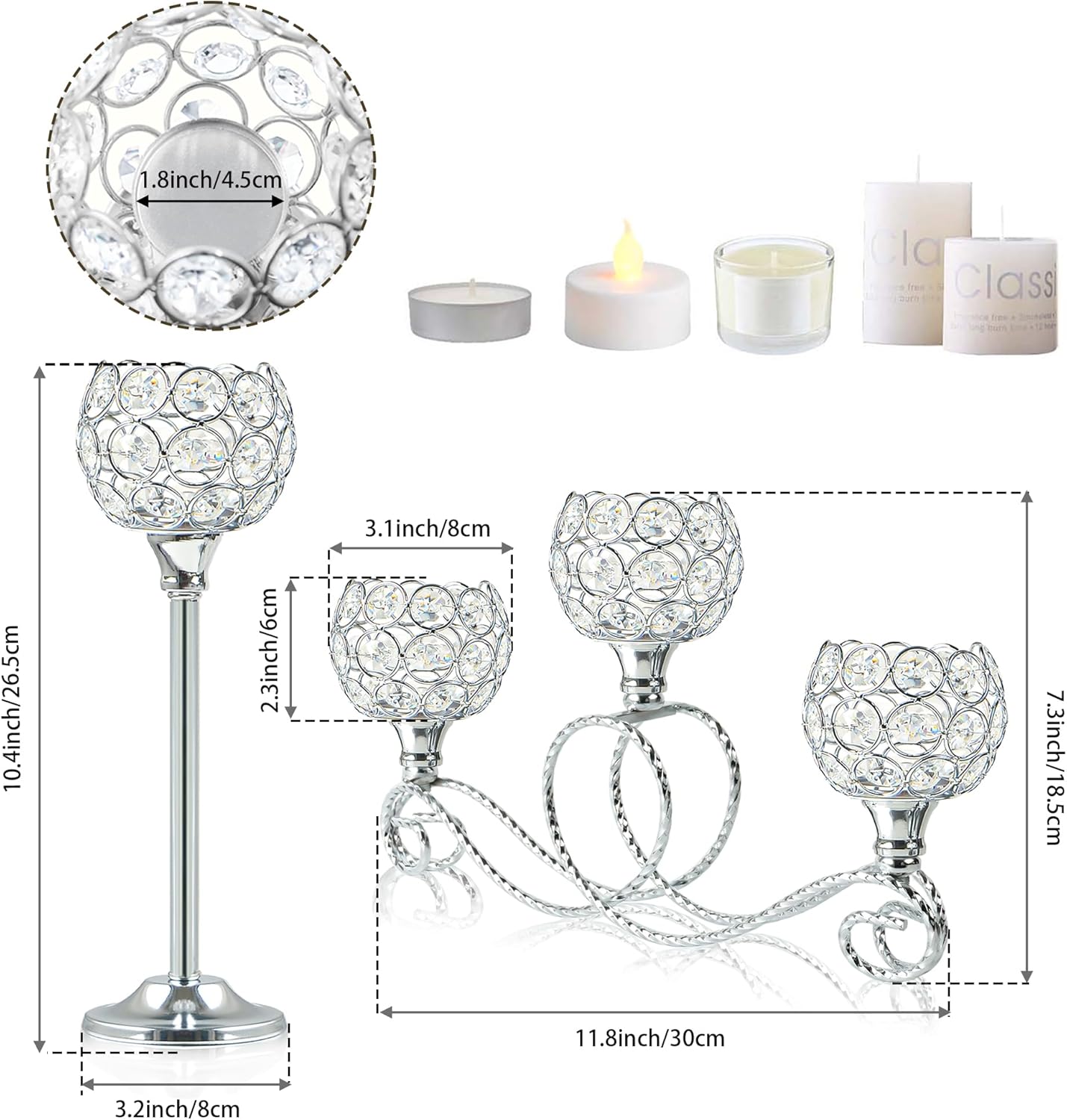 Silver Set of 6 Metal Crystal Tea Light Candle Holder, Elegant Wedding Table Centerpiece Candle Holder, Christmas Wishing Crystal Bowl Candle Holder Suitable for Wedding Party Living Room Decoration