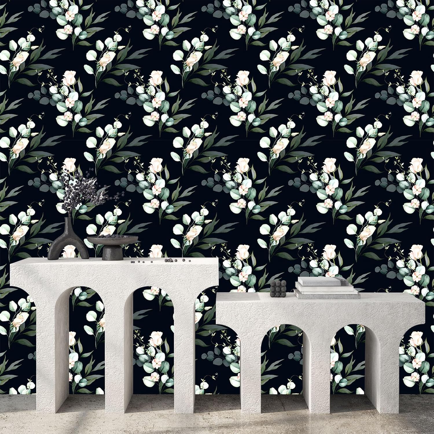 Boho Wallpaper Peel and Stick Modern Rose Floral Retro Removable Contact Paper 17.7" x 78.7" Dark Watercolor Flowers Wall Mural for Decorative Bedroom Bathroom Home Wall