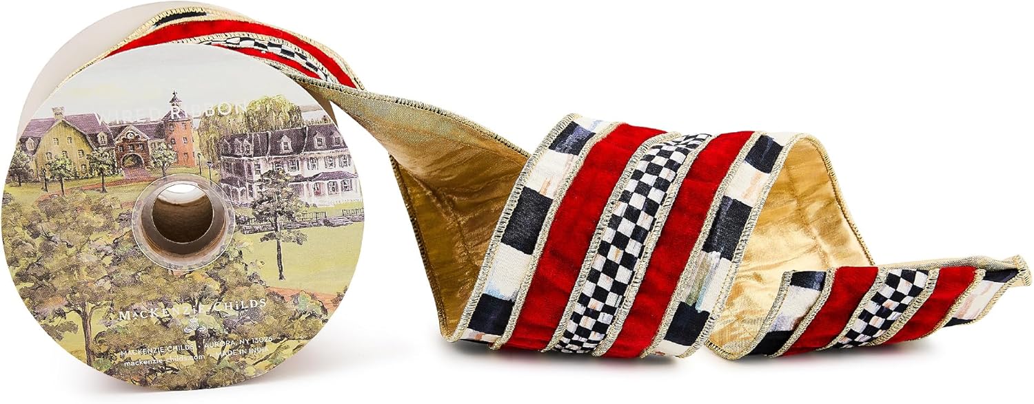 MACKENZIE-CHILDS Holiday Ribbon, Decorative Ribbon for Christmas Gift Wrapping and Wreaths, 4 Inches Wide, 5 Yards, Courtly Regal Red