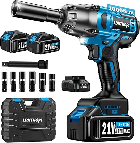 Llave de impacto inalámbrica, pistola de impacto sin escobillas MAX 1000N.M, 12 pulgada, batería de 2 × 4.0Ah