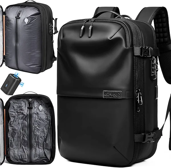 AirVault Vacuum Seal Travel Backpack 60L - Expandable Air Compression Vacuum System, Water-Resistant, Carry-On with TSA Lock Fits 19" Laptop (Black)