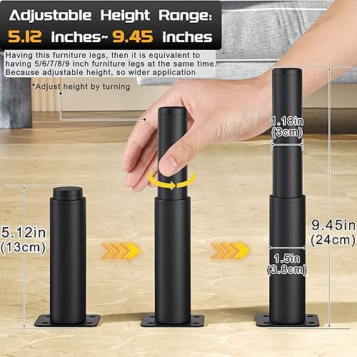 Miniatura 2 de Wlrcwdttc - Patas de muebles ajustables de metal de 512 a 945 pulgadas patas de sofá patas de gabinete altura ajustable patas de soporte de repuesto
