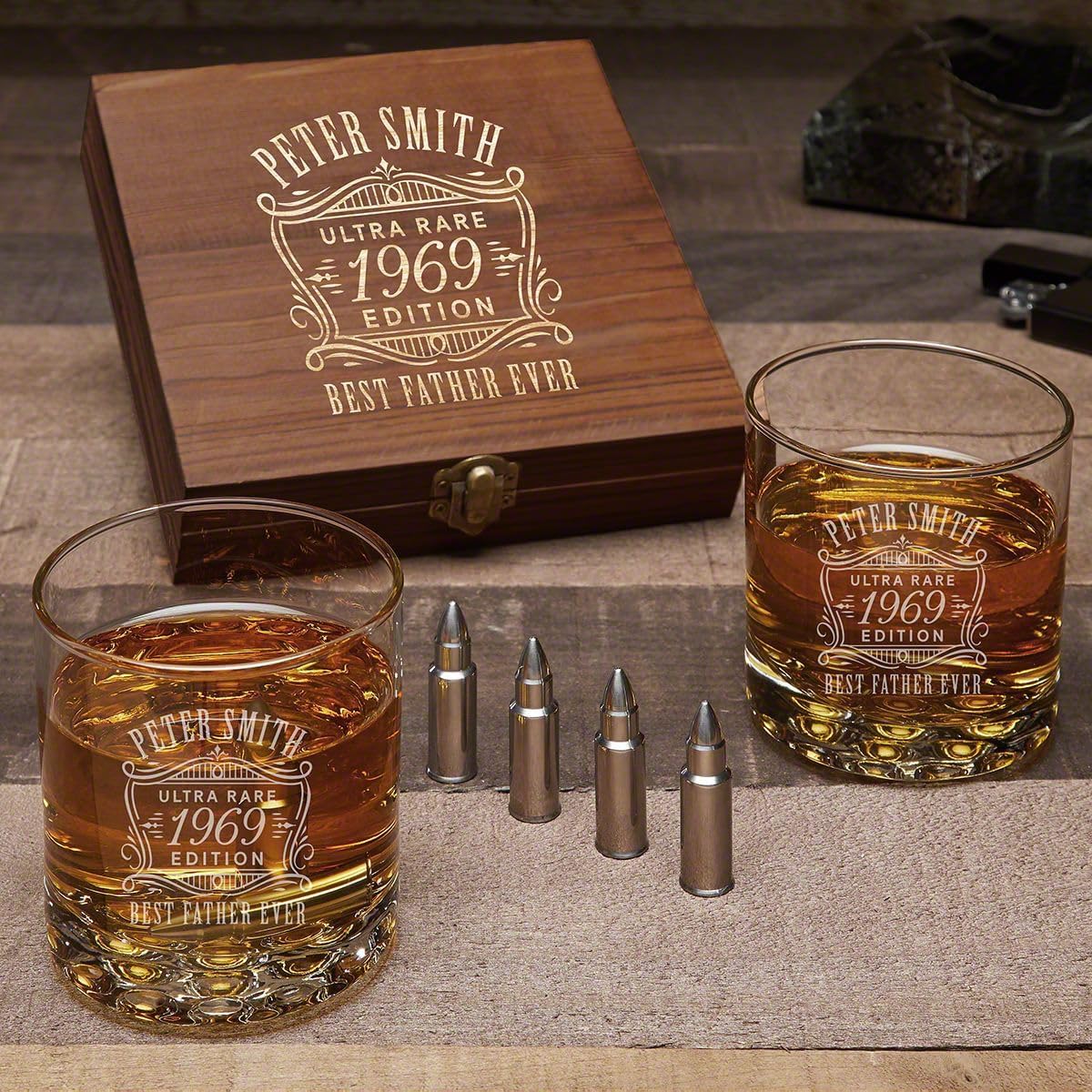 Bullet Whiskey Chilling Stones Gift Set - Whiskey Glasses and Wooden Box (Oakmont - Bullet Stones)