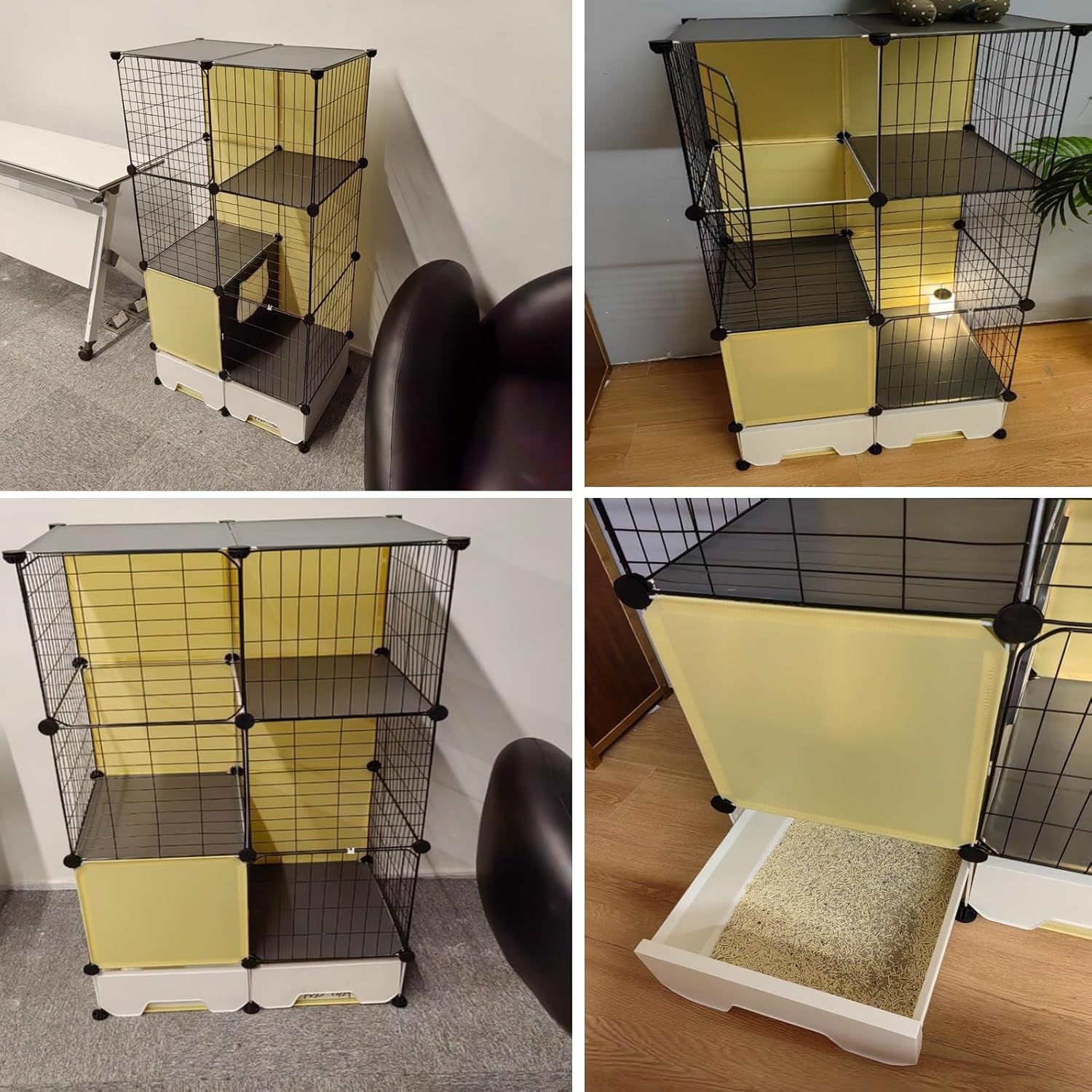 2/3 Level Cat Enclosure with Pull-Out Drawer Litter Box Wrought Iron & PP Cat Villa with Storage Box Sturdy Pet Crate for Rest Play & Feeding, Easy Clean(107x46x124cm)