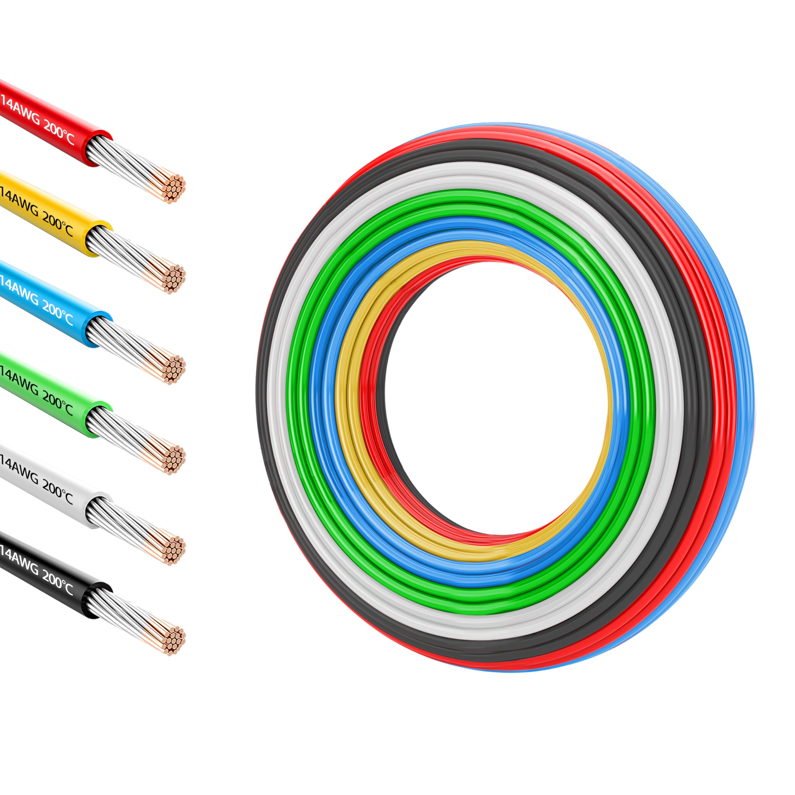 2SQ/14AWG 電線ケーブル 6色 1.6M/色 シリコンワイヤー フックアップワイヤーキット 14ゲージフレキシブルシリコンワイヤー 柔軟なストランドリード線 600V（14AWG-6色）