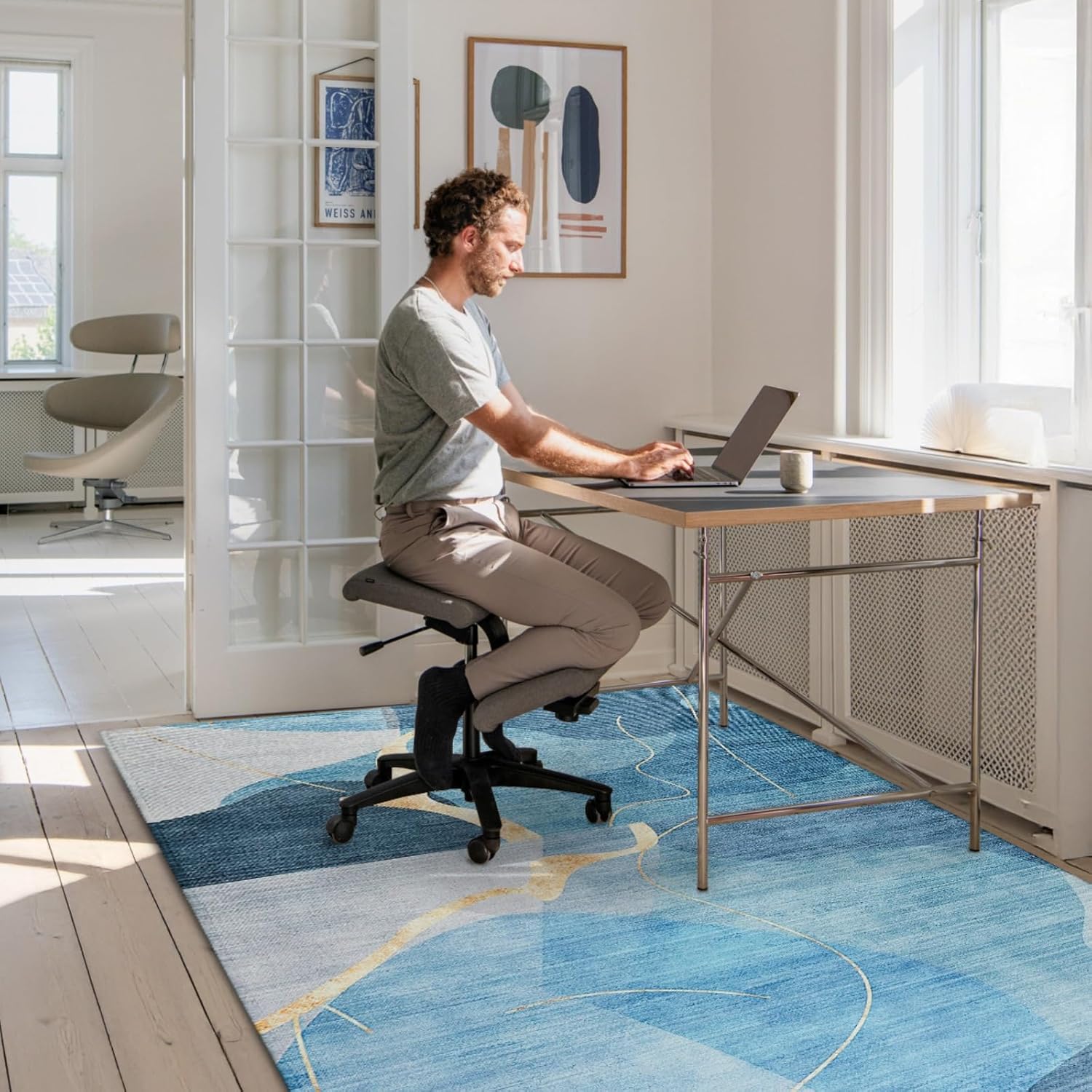 Office Chair Mat, Gsmmatwin 50" x 65" (6mm) Thick Blue Modern Chair Mat, Anti-Slip Under Desk Chair Carpet for Hardwood Floor, Belgian Velvet Surface, Machine Washable Under Desk Rug for Office Home 50*65 Green and White