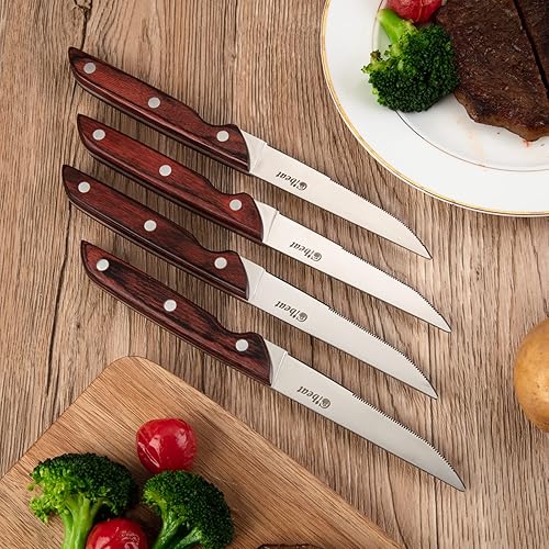 Miniatura 8 de Juego de 4 cuchillos para carne de primera calidad, cuchillo para carne dentado con mango de madera, 4 cuchillos profesionales para carne, juego de