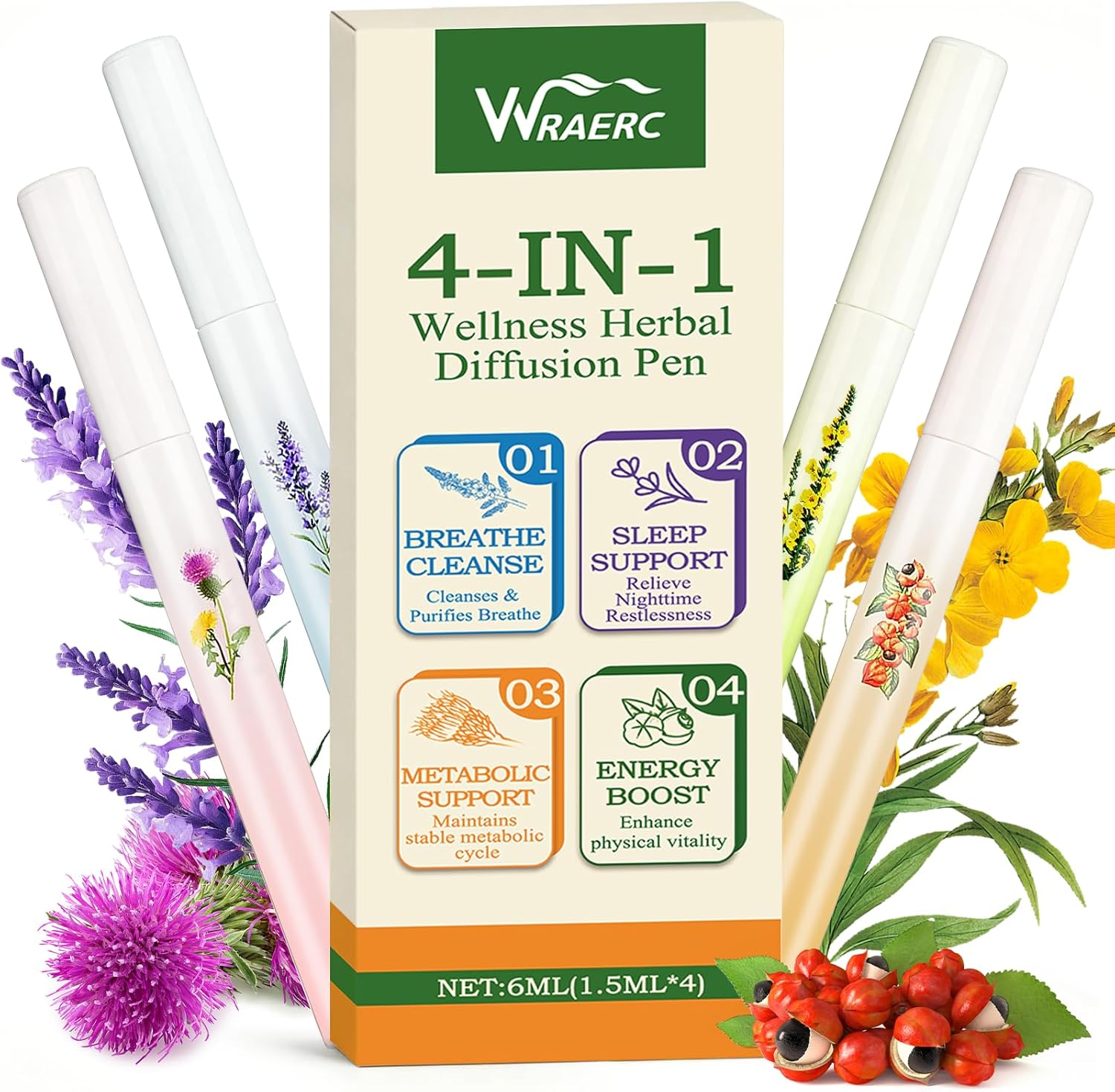 Herbal Diffuser Pen - Natural Mullein Thyme & Mint Plant Extracts, Nicotine Free Smokeless Inhaler, Respiratory Support for Calm Mood & Better Sleep, Up to 2400 Total Uses 4 Pack