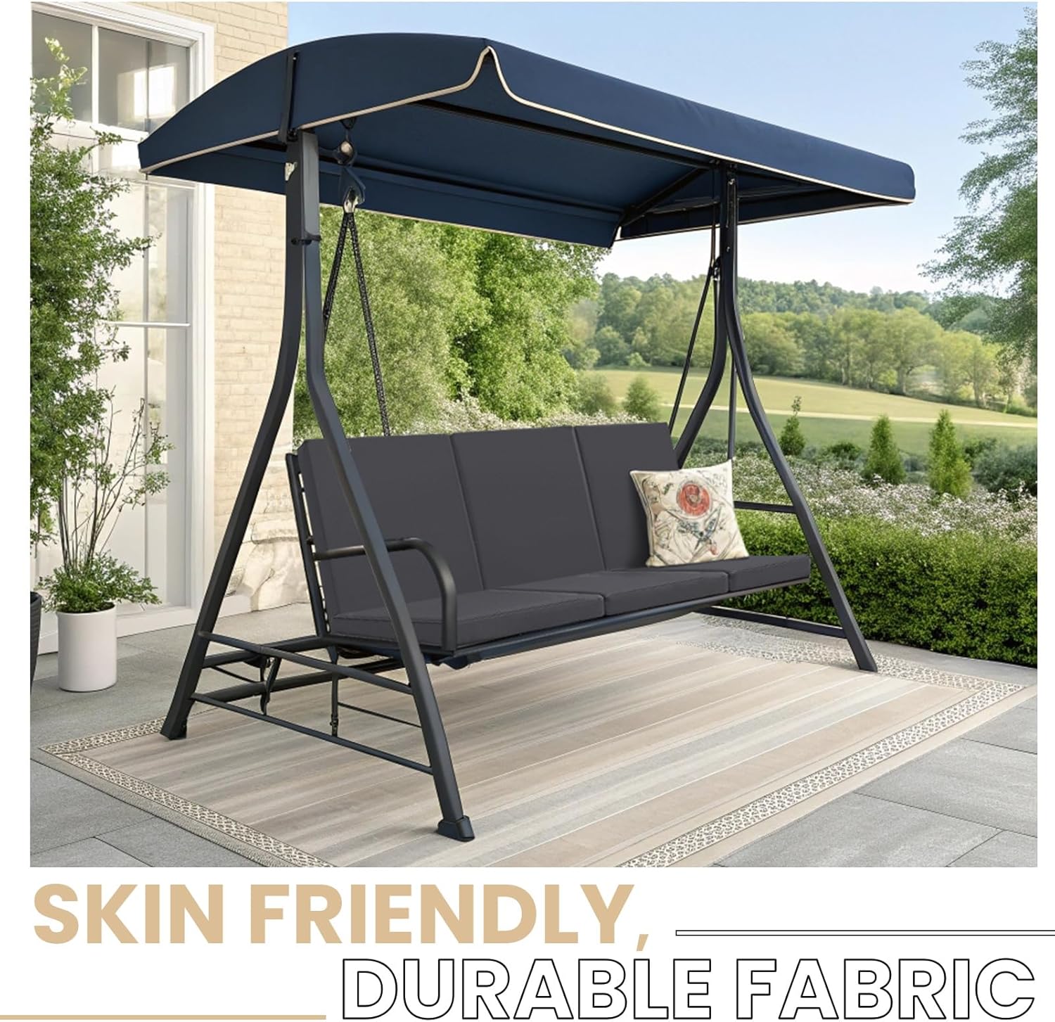 Sintuff 3 Seat Outdoor Porch Swing Cushions, Water-Resistant Swing Cushions Replacement with Anti-Slip Design, Fade-Resistant Porch Bench Cushion Liner and Cover 2 in 1 for Patio Garden(Dark Grey)