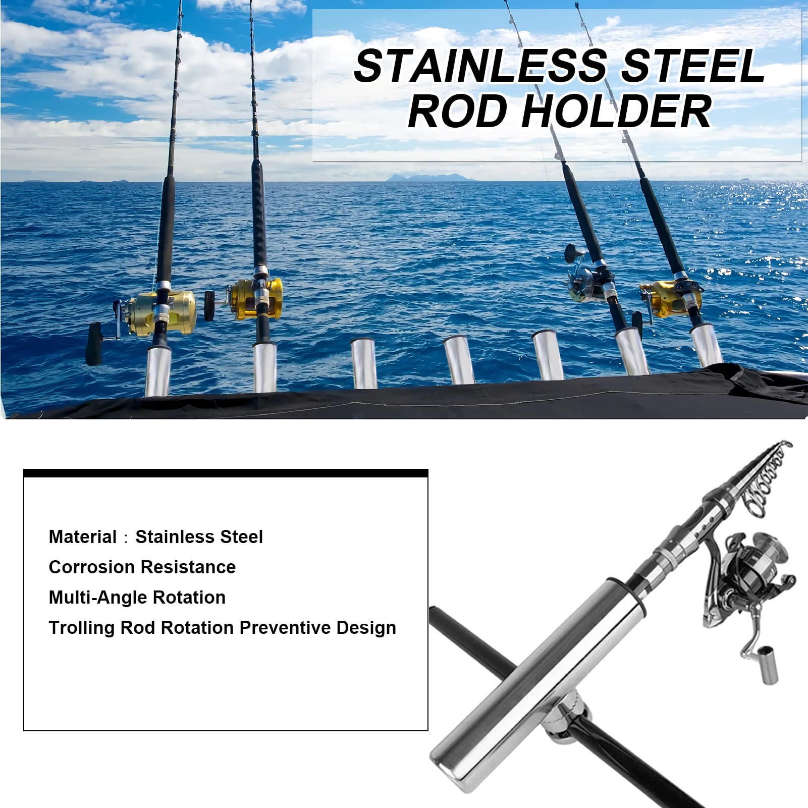 QISHUO Boat Clamp Rod Holders Marine Adjustable Marine Rods Holder Steel Mount Rail Rod Holders Stainless 2Pcs