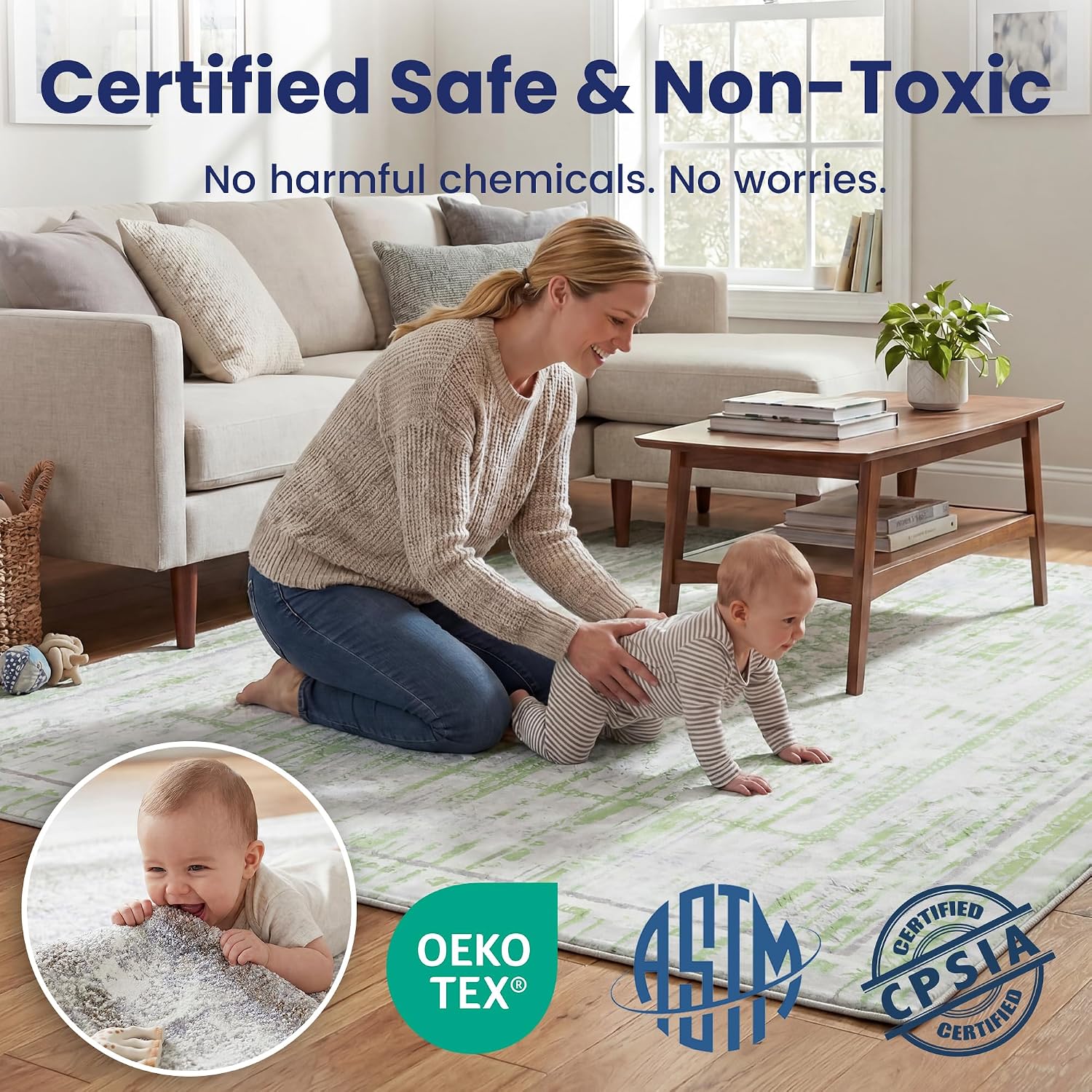 Huloo Sleep Baby Play Mat for Floor - 79x59 Inches 1.3" Thick Elasti-Foam Playpen Mat for Toddlers Infant Kids, Water-Repellent Nursery Rug, Non-Slip Backing for Crawling & Tummy Time, Sage & Blush