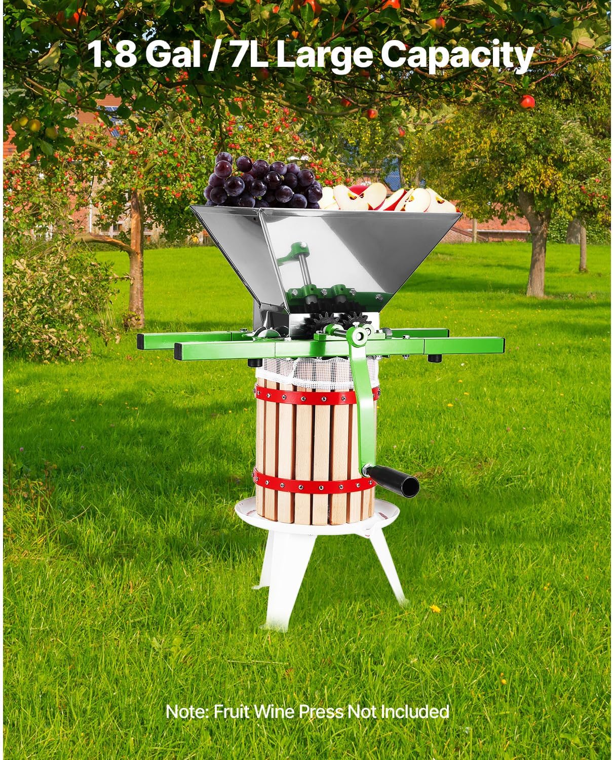 Happybuy 1.8 Gal/7L Fruit Crusher, Manual Stainless Steel Apple Grinder for Wine and Cider Making, Green Scratter Pulper with Roller Handle for Home Kitchen Use