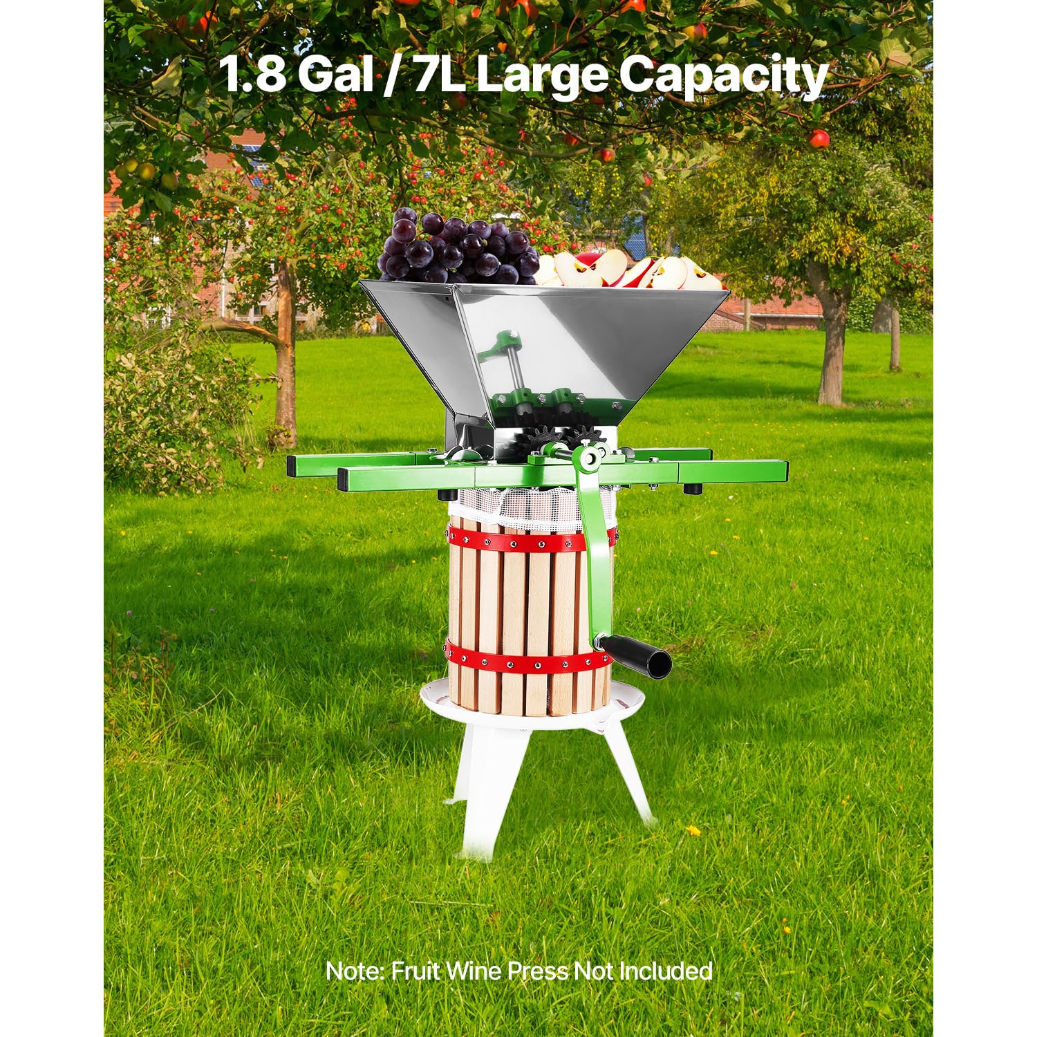 Happybuy 1.8 Gal/7L Fruit Crusher, Manual Stainless Steel Apple Grinder for Wine and Cider Making, Green Scratter Pulper with Roller Handle for Home Kitchen Use