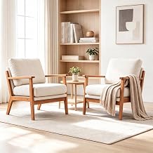 Mid-Century Modern Armchairs Set of 2, Chenille Upholstered Accent Chairs with Thick Cushion & Walnut Solid Wood Frame, Comfy Single Reading Lounge Chair for Living Room Bedroom Apartment, Beige
