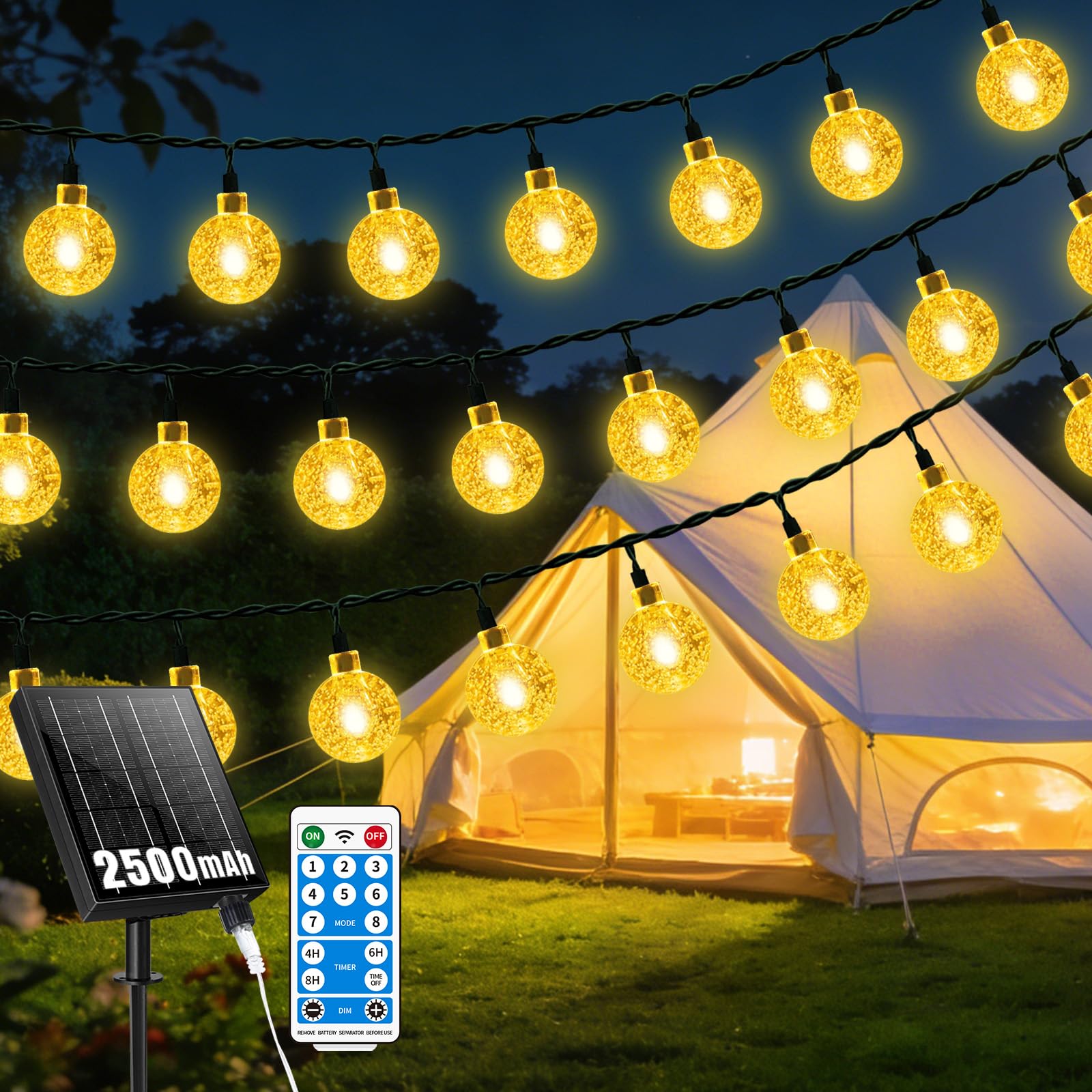 RJEDL 2500mAh Solar Lichterkette Aussen, 12M 60LED Lichterkette Außen Solar Wasserdicht Mit 8 Modi, Zeitsteuerung und Speicherfunktion， Solar Lichterkette Außen für Garten, Terrasse, Balkon, Partys