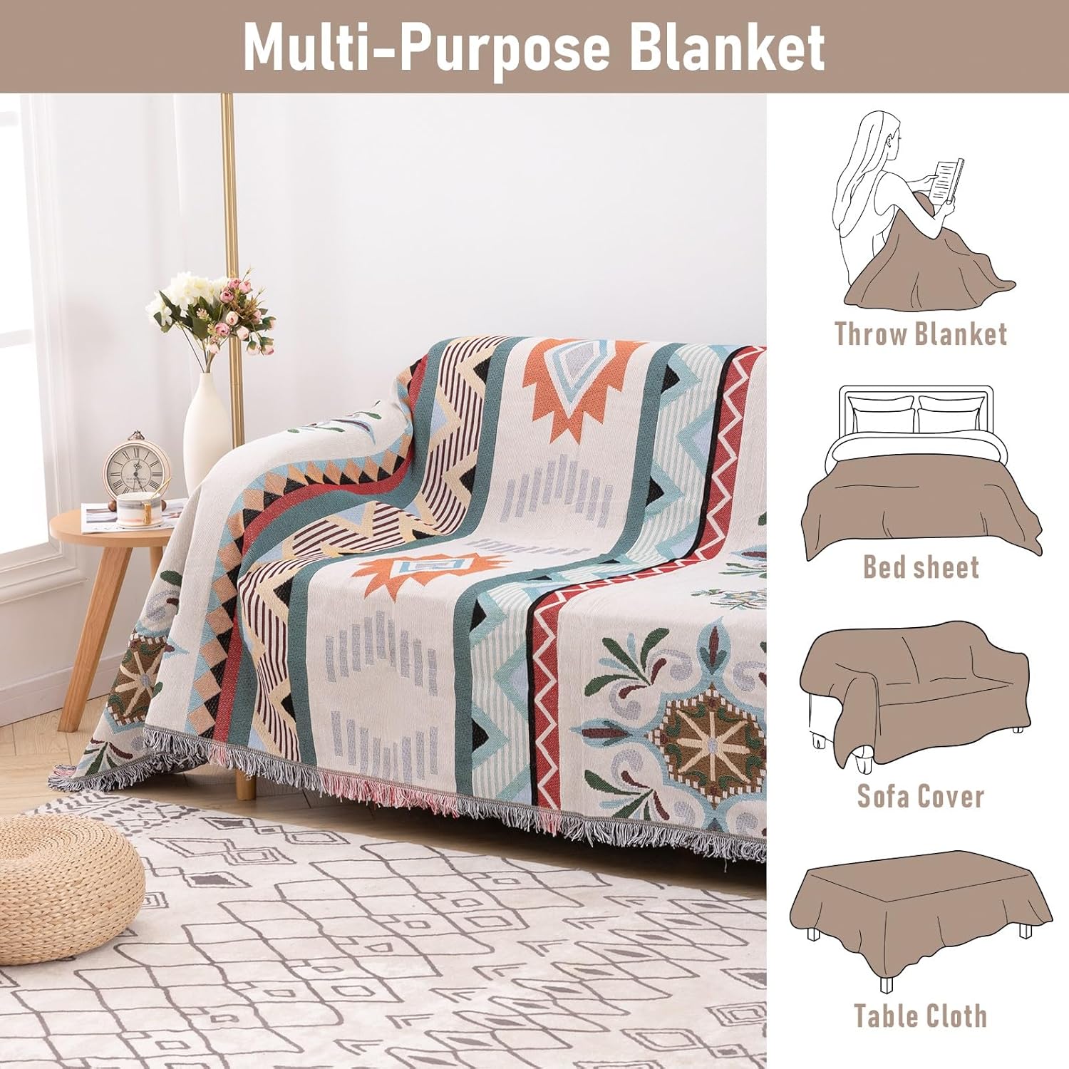 Homcosan Sofa Slipcovers Towel Reversible Geometrical Couch Cover for 2 Seat Sofa Blanket Boho Sofa Cover Sectional Couch Cover with Tassels Couch Protector for Pets, Kids