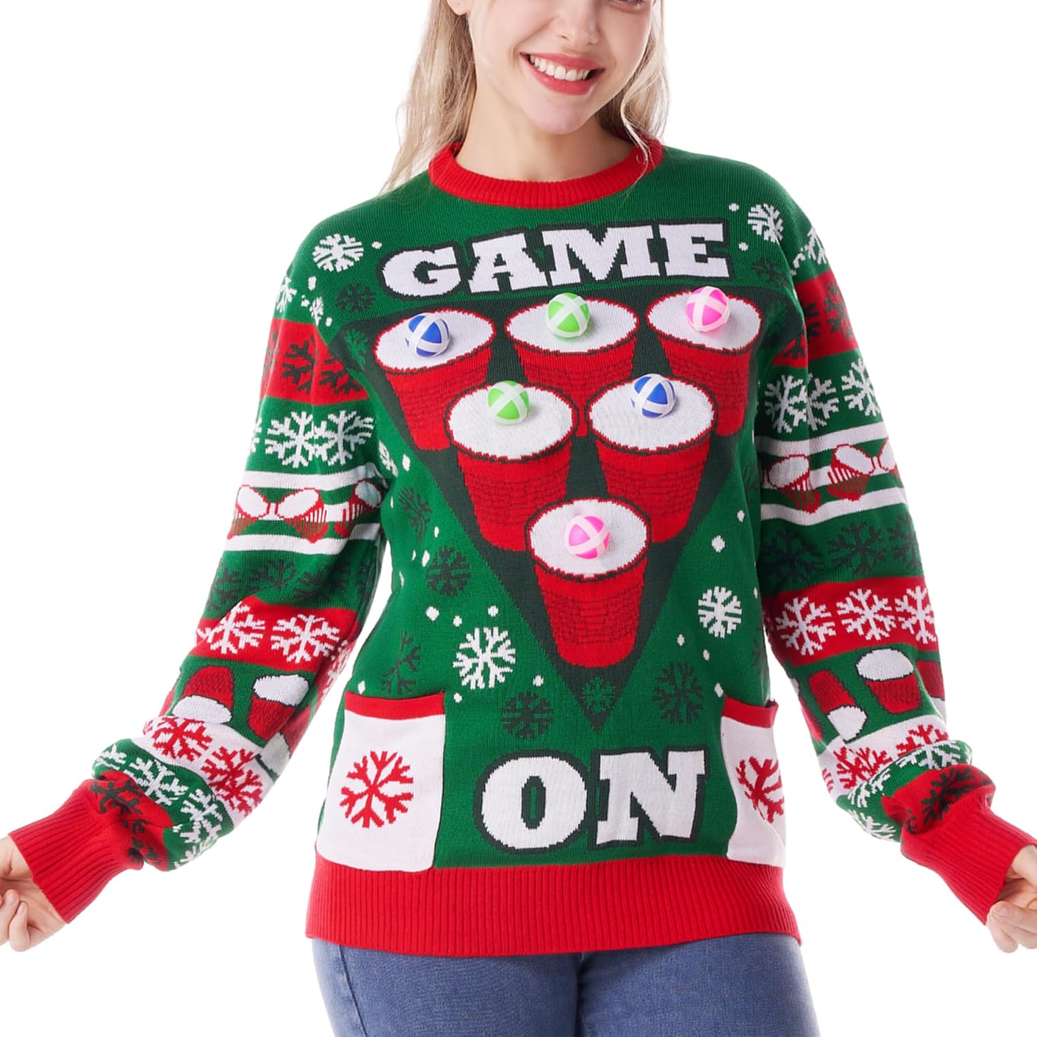 Giggling Getup Ugly Christmas Sweater with Light, LED Ugly Christmas Sweater for Women Men Kids 2025 Cheer Pong Game（Green