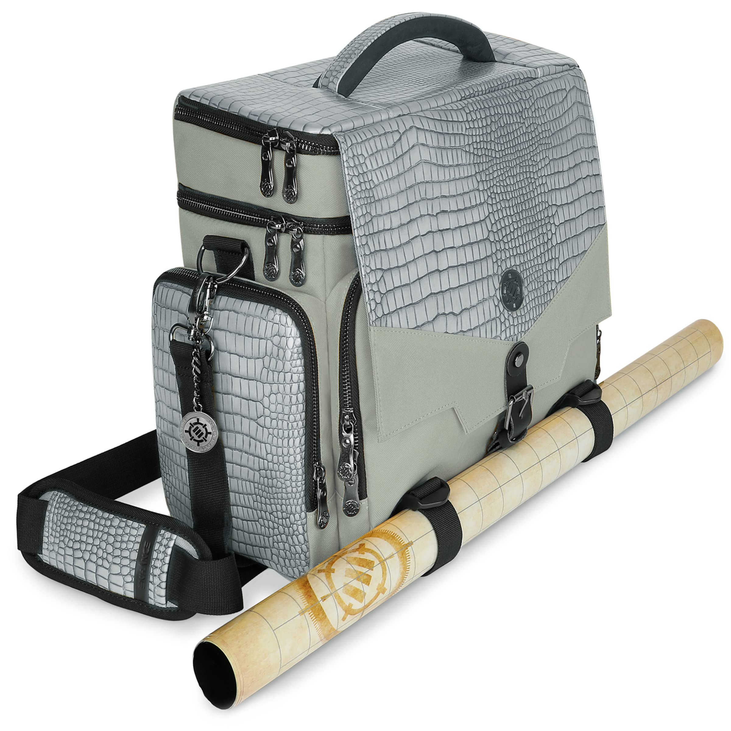 ENHANCE Travel Bag for DND Collector's Edition, Bag Compatible with Dungeons and Dragons, Battle Mat Holder, Dice Pockets and Accessories, Carry 4-8 Books (Silver Dragon)