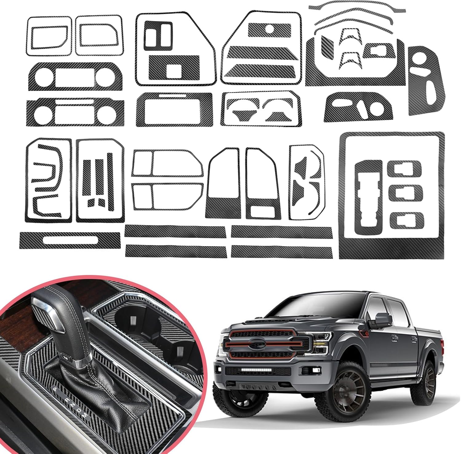 YAMUDA Compatible with Decorative Interior Protection Carbon Fiber Sticker for Ford F150 2015 2016 2017 2018 2019 2020 (Black 58pcs)
