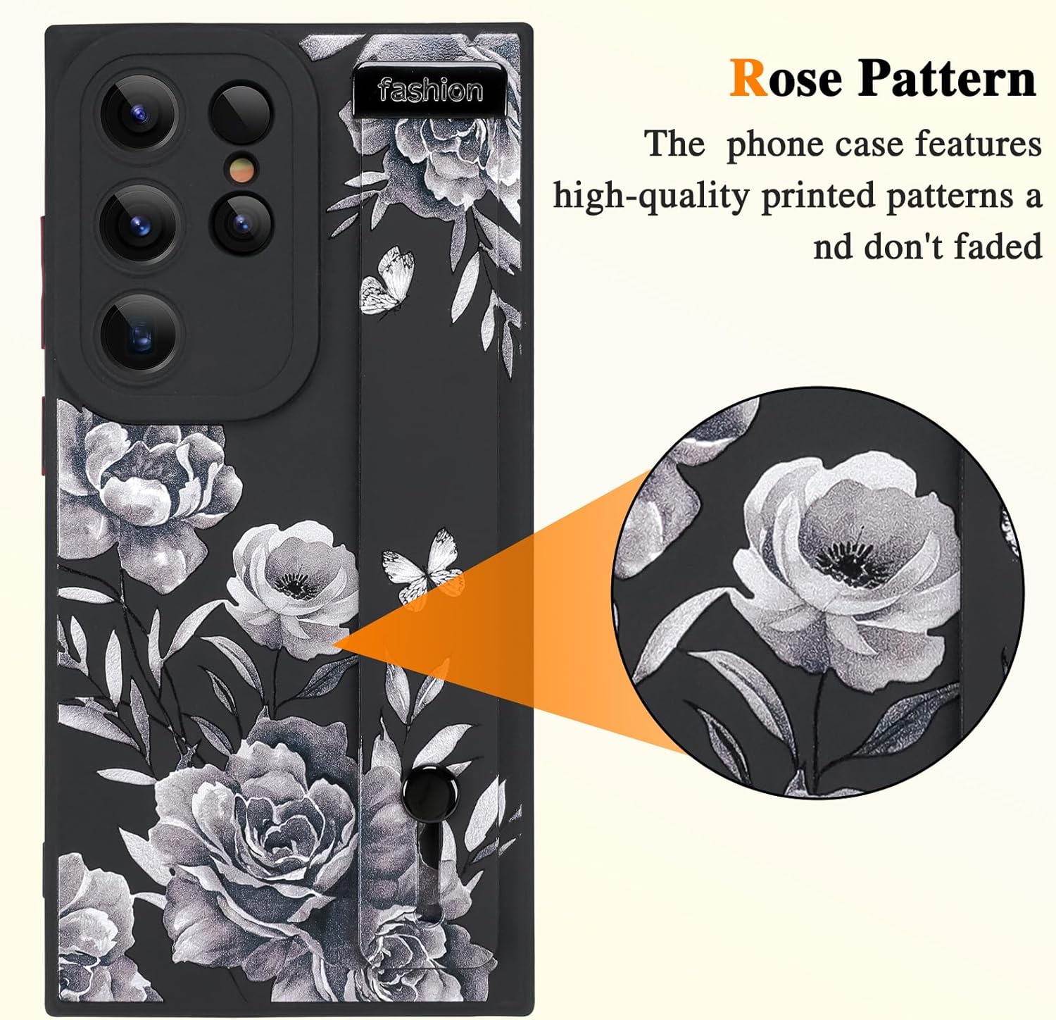 MOWIME for Samsung Galaxy S25 Ultra Case with Wrist Strap, Cute Flower Rose Butterfly Design Soft TPU Protective Case for Women Girls Slim Shockproof Cover with Adjustable Kickstand Holder - Black - Image 2