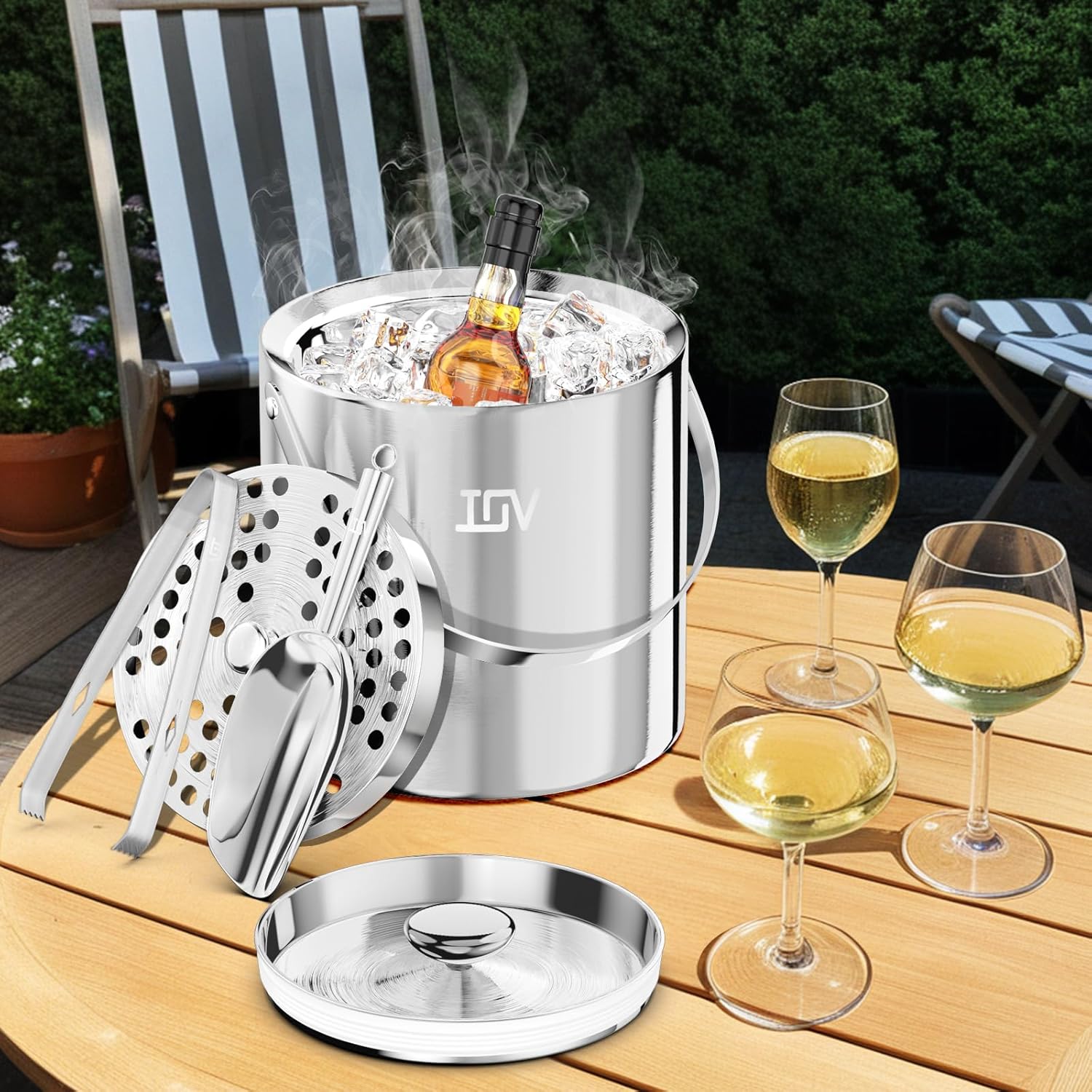 IOV Ice Bucket with Lid, Scoop, Tongs, and Strainer, 3 L Stainless Steel Double Wall Insulated Ice Bucket for Parties, Keeps Ice Frozen Longer, Ideal for Cocktail Bars, Freezers, and Wine - Silver - Image 7
