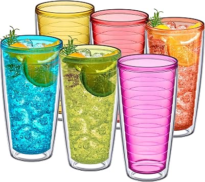 Amazing Abby - Alaska - 24-Ounce Insulated Plastic Tumblers Set of 6, Double-Wall Plastic Drinking Glasses, Mixed-Color Reusable Cups, BPA-Free, Shatter-Proof, Dishwasher-Safe