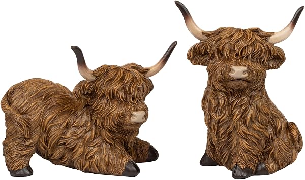 2pcs Highland Cow Figurines for Home, 5Inch Highland Cows Decor for Table Kitchen Book Shelf Bathroom Farmhouse, Highland Cow Gifts for Women and Kids