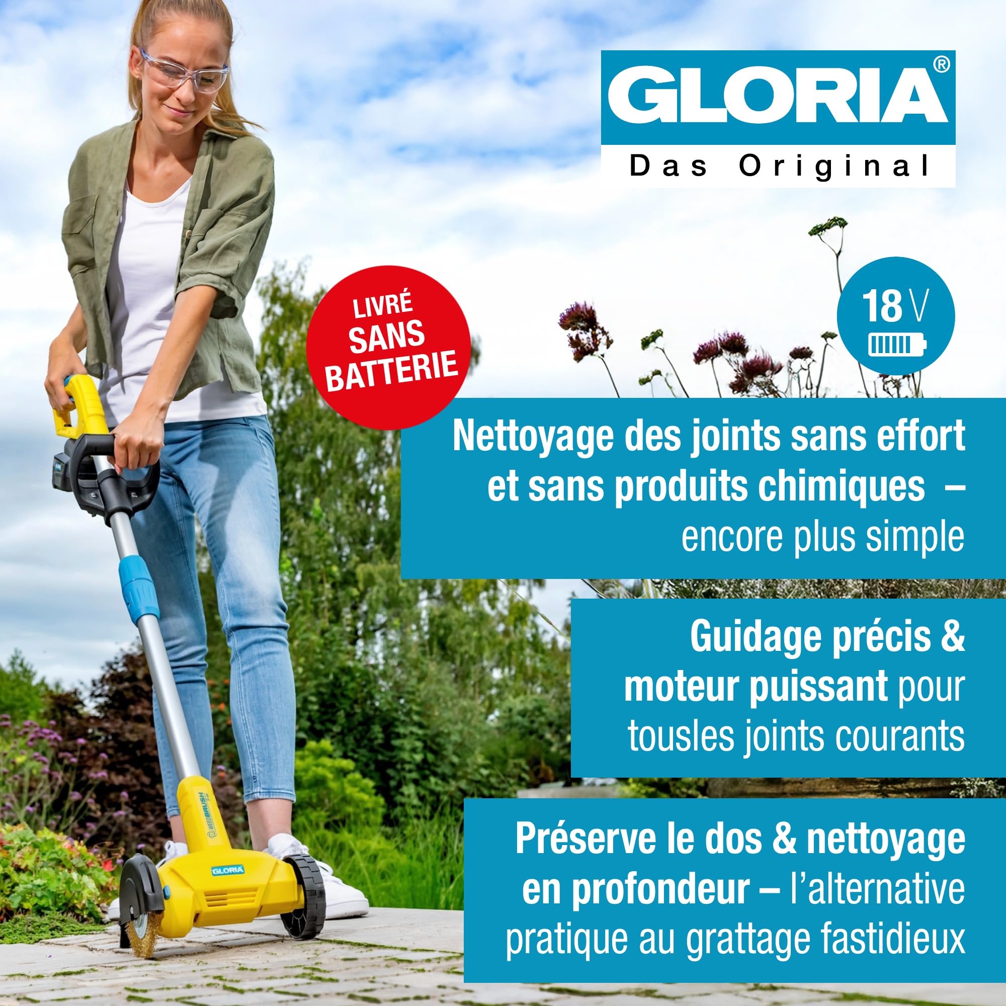 GLORIA Brosse à Joints WeedBrush li-on | Compatible Batterie Bosch 18V | Sans batterie | Brosse désherbeur pour terrasse, allée et pavés | Désherbage pierre & carrelage | Brosse métallique incluse