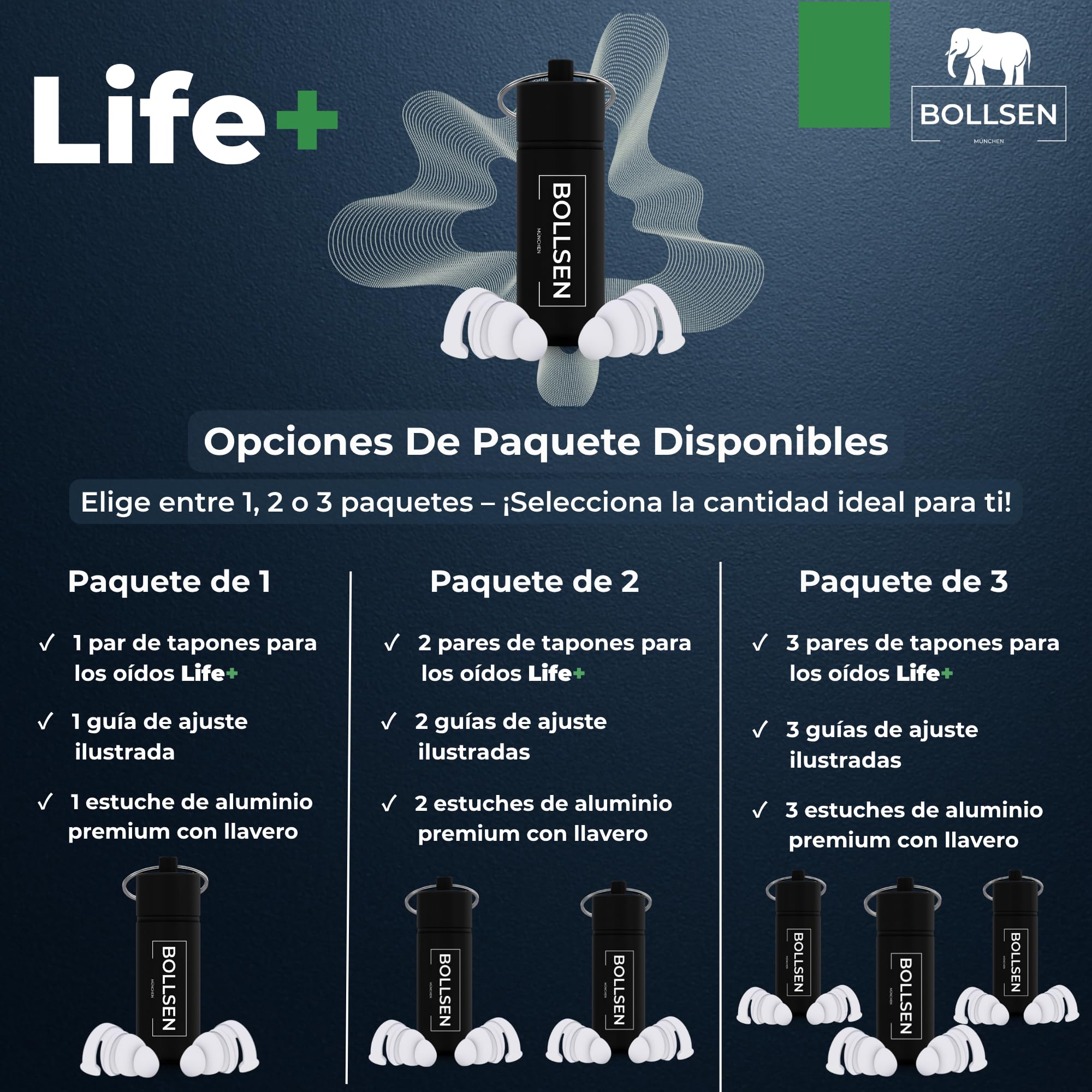 BOLLSEN Life+ Tapones para Dormir – Tapones de Silicona con Reducción de Ruido – Protección Auditiva SNR 24 dB – Cómodos para Usar Día y Noche – Duraderos y Reutilizables hasta 100 Veces (3)