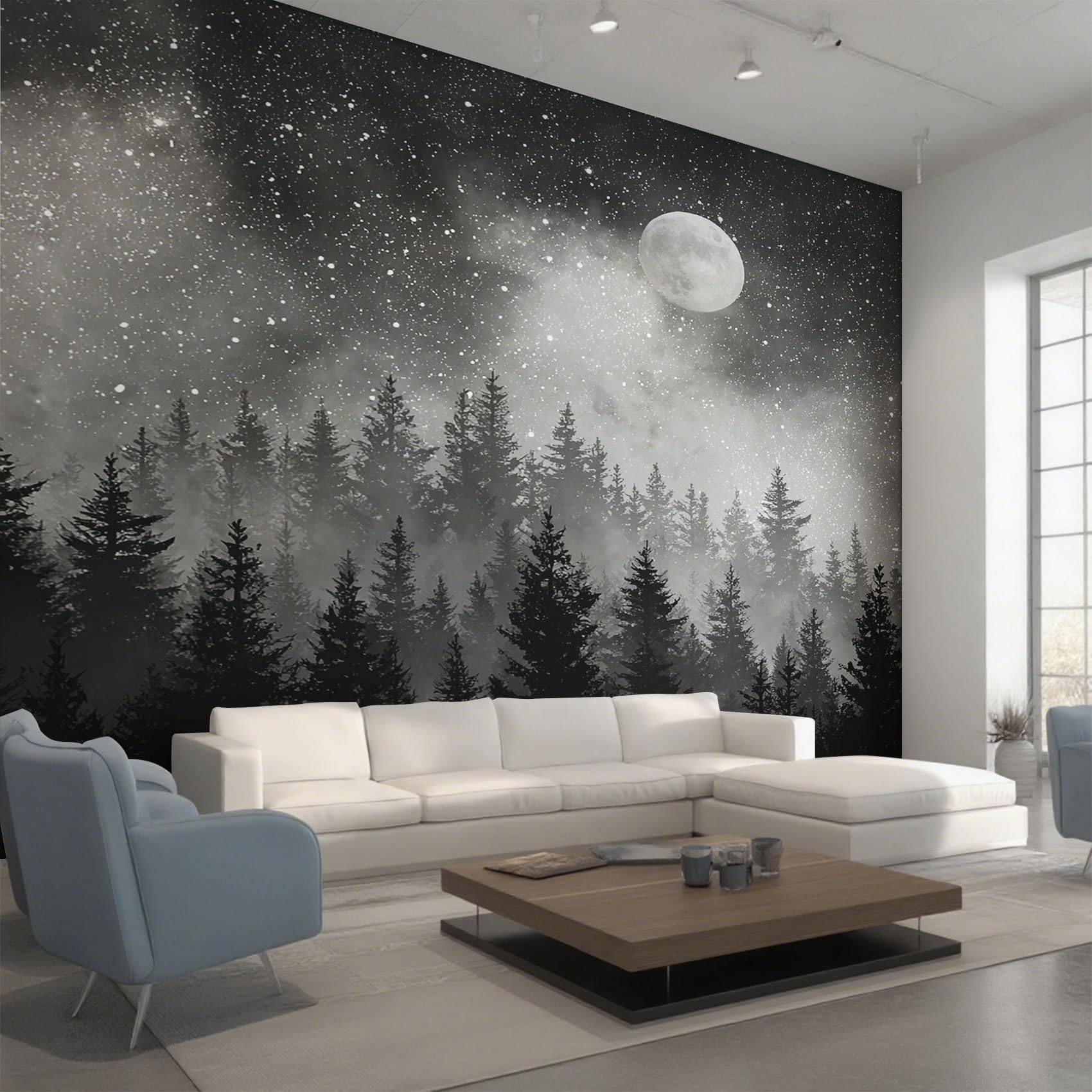Papier peint ciel étoilé pleine lune avec fresque murale forêt de pins