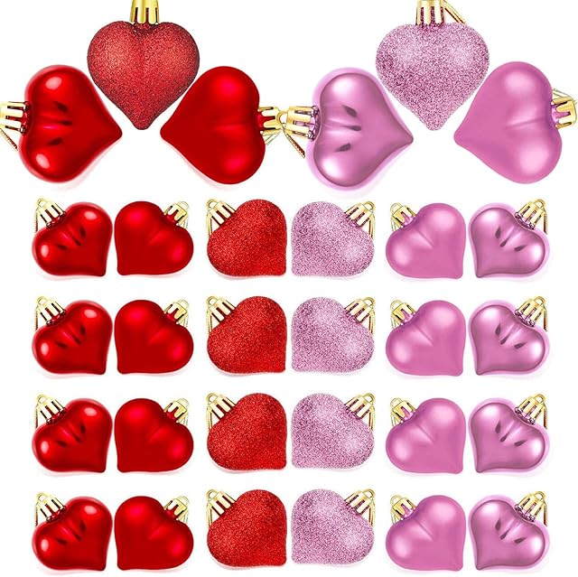 Adisno 24 Pieces Valentine's Day Heart Baubles Ornaments, Red Pink Heart Shaped Baubles, Heart Baubles Heart Shaped, Heart Shaped Baubles Hanging Ornaments for Wedding Anniversary Christmas Birthday