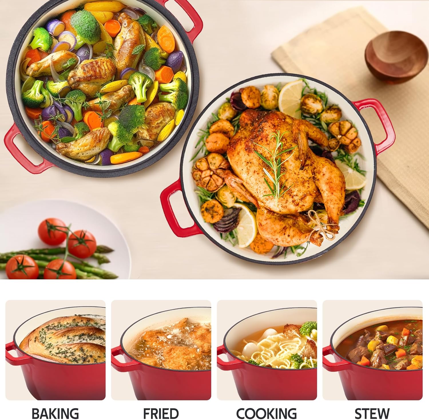 2 in 1 Enameled Cast Iron Dutch Oven Pot 6QT with 2QT Lid - Big Dual Handles - Oven Safe up to 500°F - Classic Round Pot for Versatile Cooking Red - Image 6