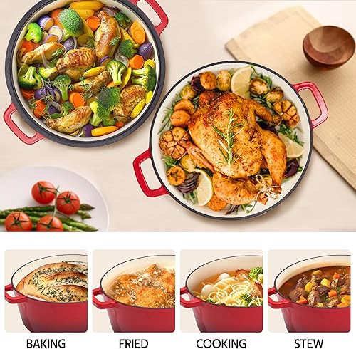 Miniatura 6 de Olla de horno holandés de hierro fundido esmaltado 2 en 1, 6 cuartos de galón con tapa de 2 cuartos de galón, asas dobles grandes, apta para horno