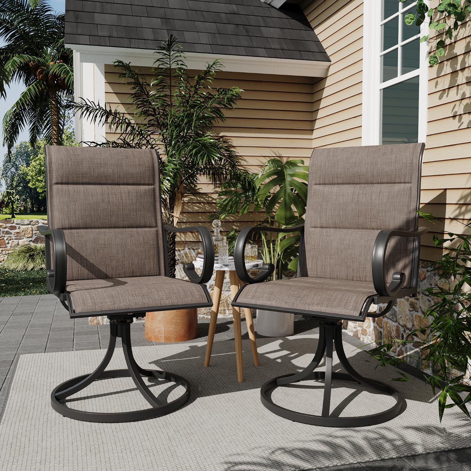 MELLCOM Patio Swivel Chair Set of 2, High Back Padded Textilene Outdoor Dining Chairs with E-Coating Metal Frame, All-Weather Outdoor Furniture Rocker for Backyard, Porch, Garden, Lawn, Brown