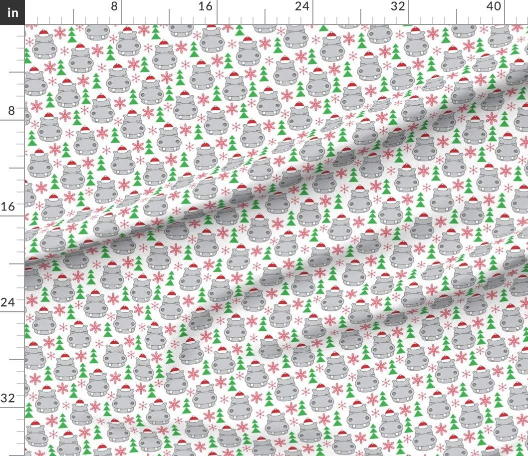 Spoonflower Fabric - Christmas Santa Hats Animal Cute Hippo Hippopotamus Snowflake Tree Printed on Petal Signature Cotton Fabric by The Yard - Sewing Quilting Apparel Crafts Decor
