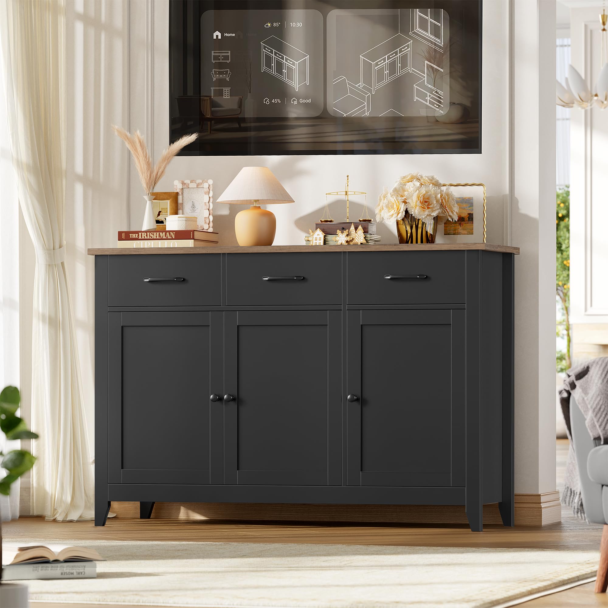 HOCSOK Sideboard, Küchenschrank mit Arbeitsplatte, Küchenbuffet Buffetschrank mit 3 Schubladen, 3 Türen, 1 Festes und 1 Verstellbares Regal, für Küche, Wohnzimmer, Esszimmer, 120 x 40 x 85cm