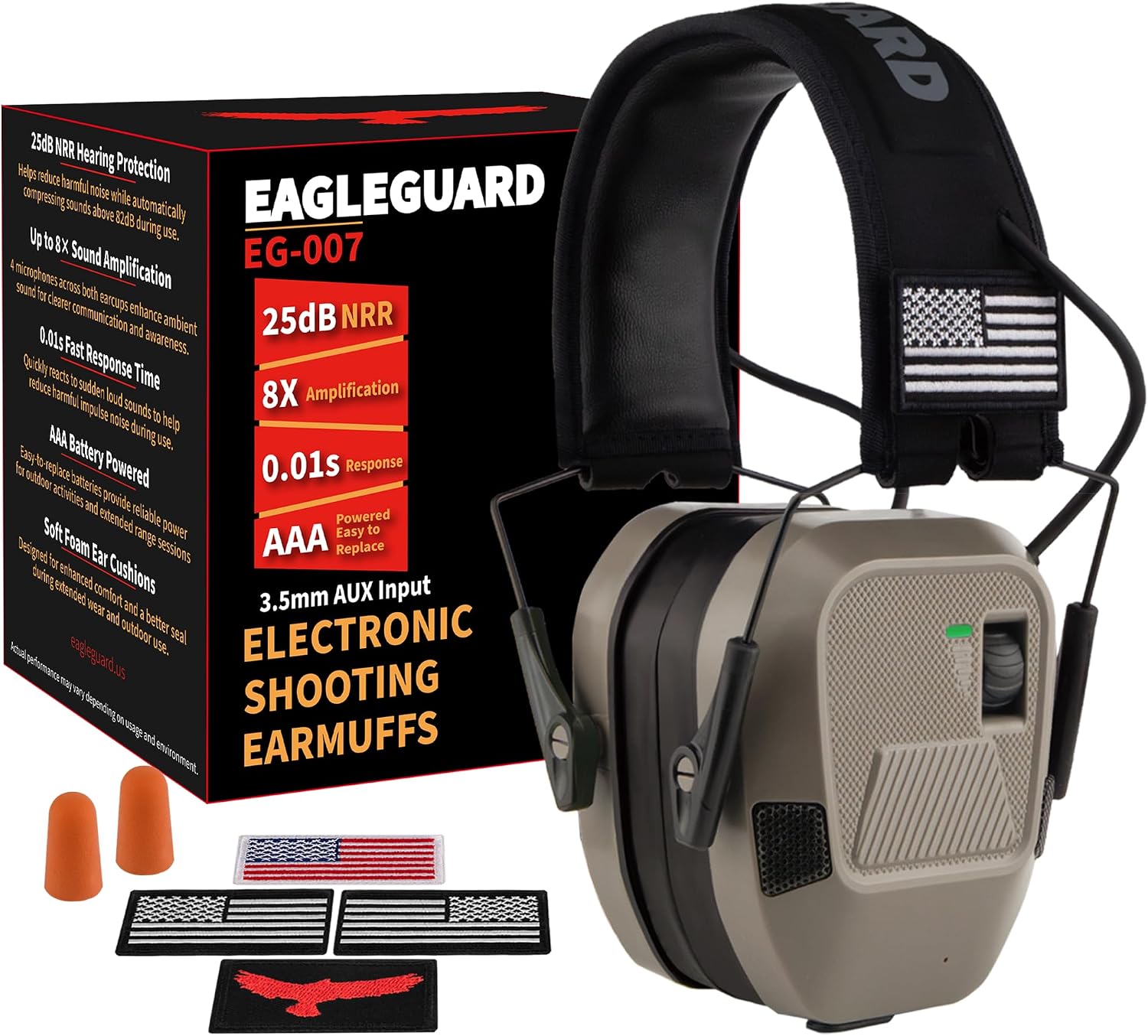Electronic Ear Muffs & Ear Protection for Shooting & Hunting, 25dB NRR, 8X Amplification, 4 Mics, 200H AAA Battery