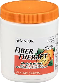 MAJOR Fiber Therapy Methylcellulose Powder - Easy to Mix - No Gritty Texture - Soluble Fiber - Helps Control Regularity - Orange Flavor - 16 Oz 1 Pack