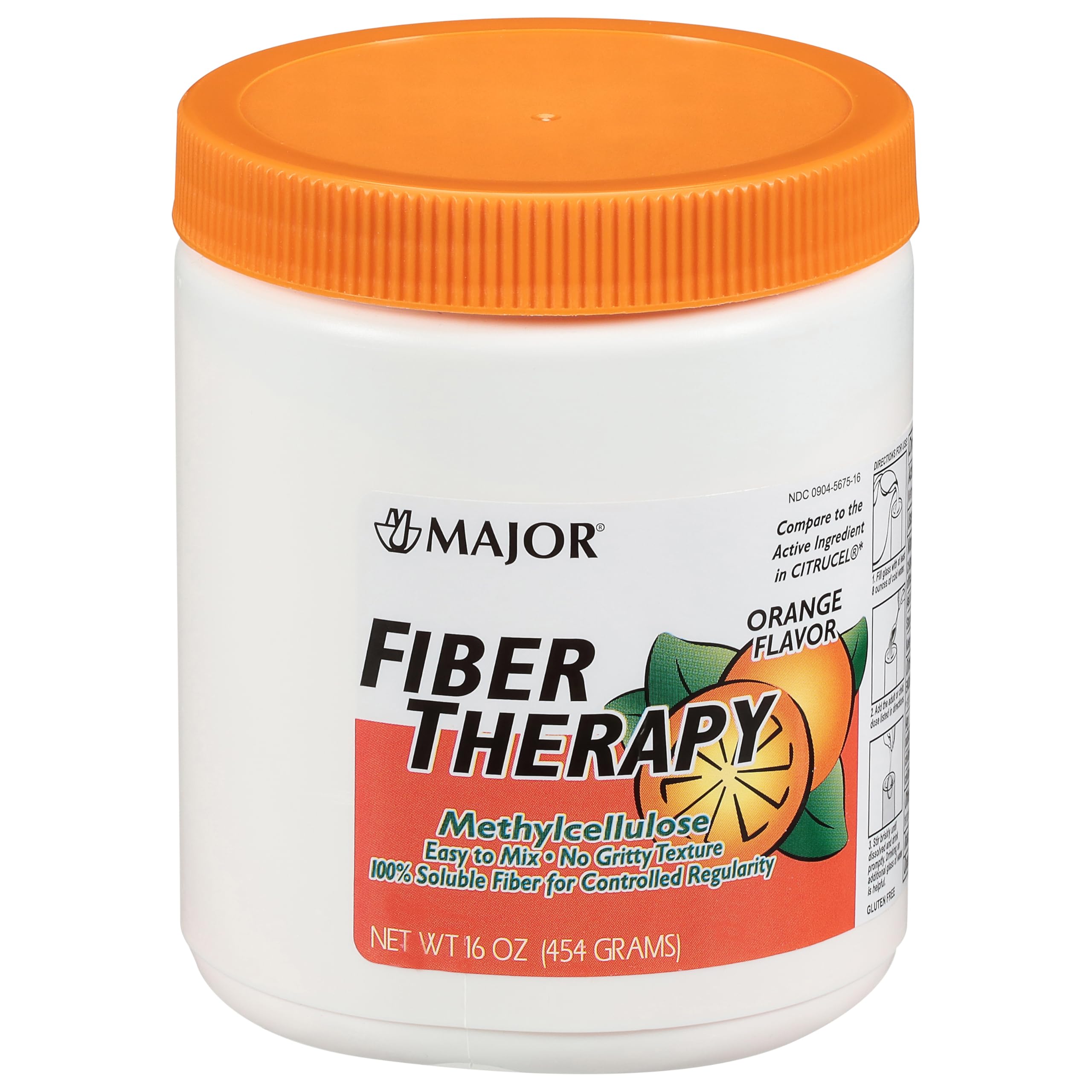 MAJOR Fiber Therapy Methylcellulose Powder - Easy to Mix - No Gritty Texture - Soluble Fiber - Helps Control Regularity - Orange Flavor - 16 Oz (1 Pack)