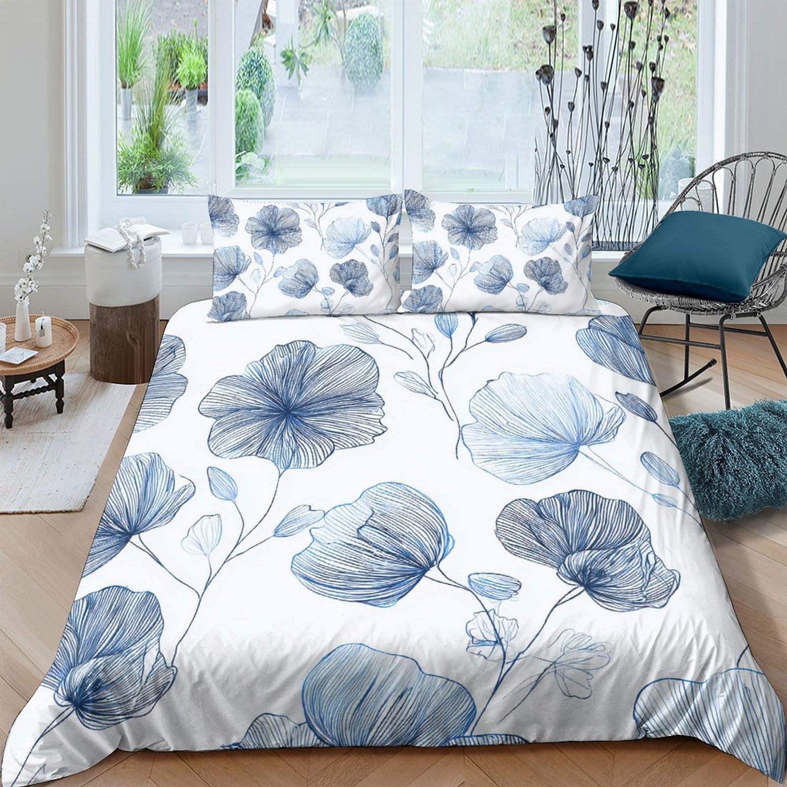 Ctjqhvkz Style-10 3D Printed Blue Floral Fitted Sheet Microfiber Soft Breathable Watercolor Botanical Bed Cover For Bedroom Dorm Mattress Protection Decor Single（135X200cm）