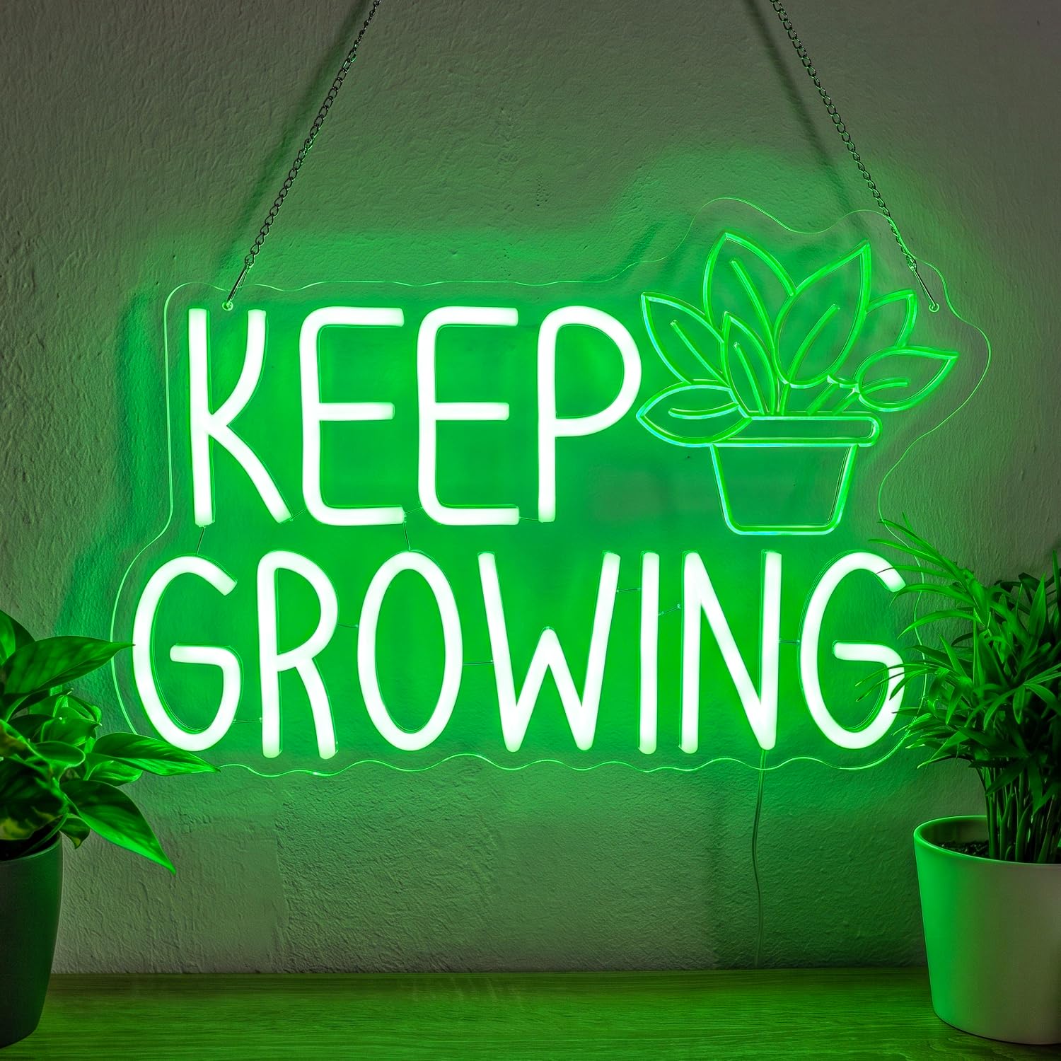 Astuddy Keep Growing Neon Sign, Green Plant Neon Signs for Wall Decor, Motivational Letter Led Neon Light, USB Plant Pot Neon Sign for Bedroom Living Room Office Garden Plant Flower Shop Gift