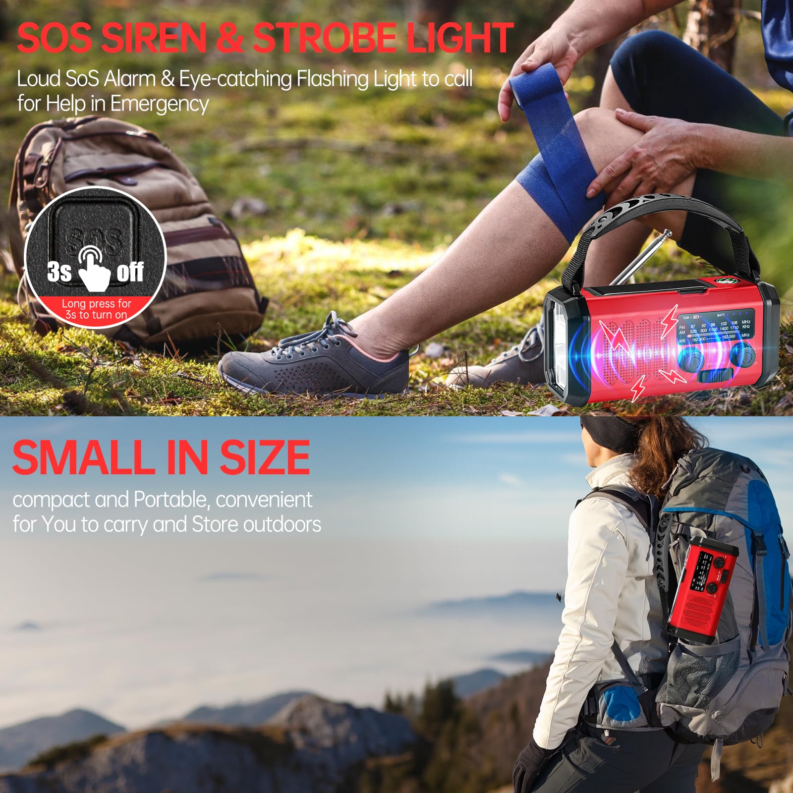 Radio d'urgence à manivelle solaire, radio météo AM/FM/NOAA intégrée 20 000 mAh, chargeur de type C, lampe de poche, lampe de lecture, SOS, compacte et portable pour camping/urgences