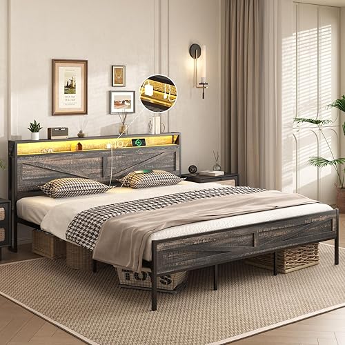 Miniatura 40 de Base de cama LED tamaño Queen con estación de carga y 4 cajones, plataforma de metal con cabecero de puertos USB, marco de cama de granja con luces