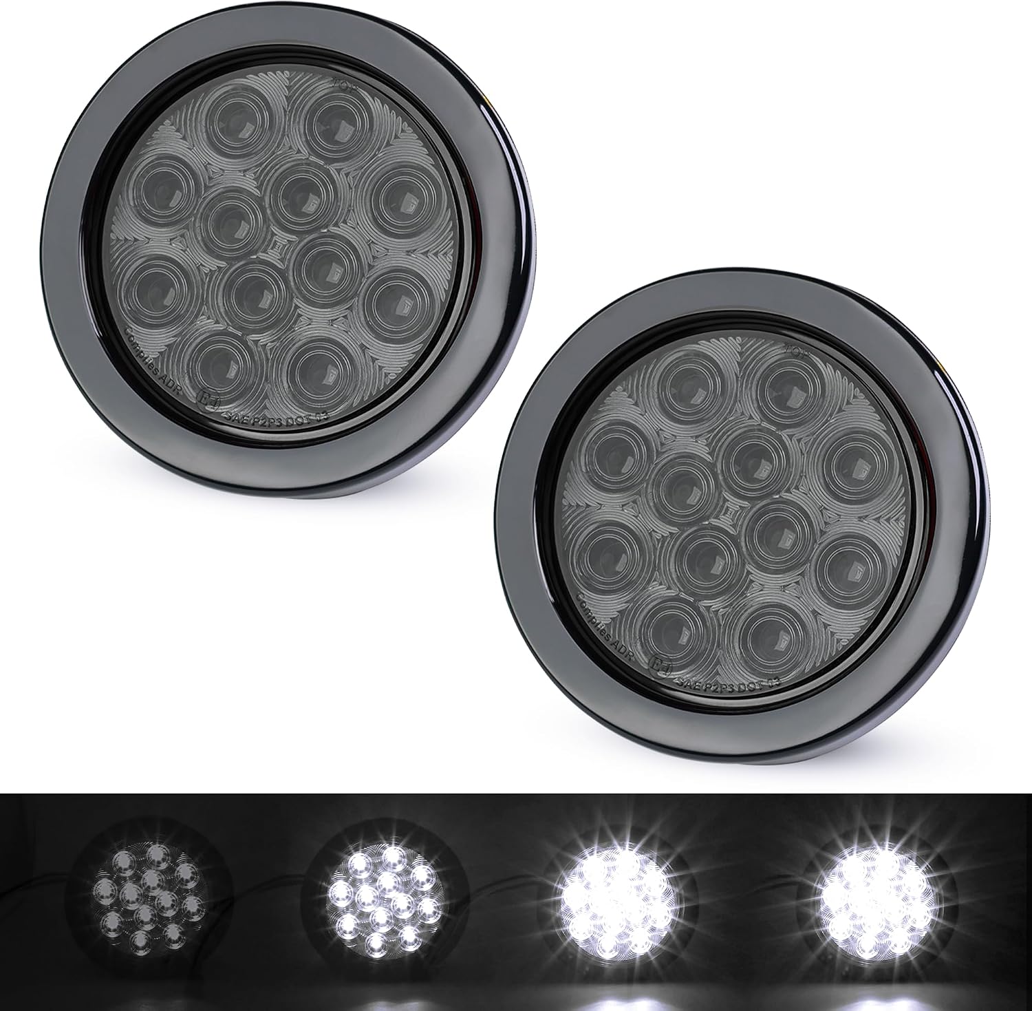 2 Pcs 4" Smoked Lens White LED Round Marker Clearance Tail Light with 3 Modes (Low/High/Strobe) – 12 LED, 4-Wire, Grommet & Prong Plug, 12V DC for Trailer, Truck, Van, RV, Tractor