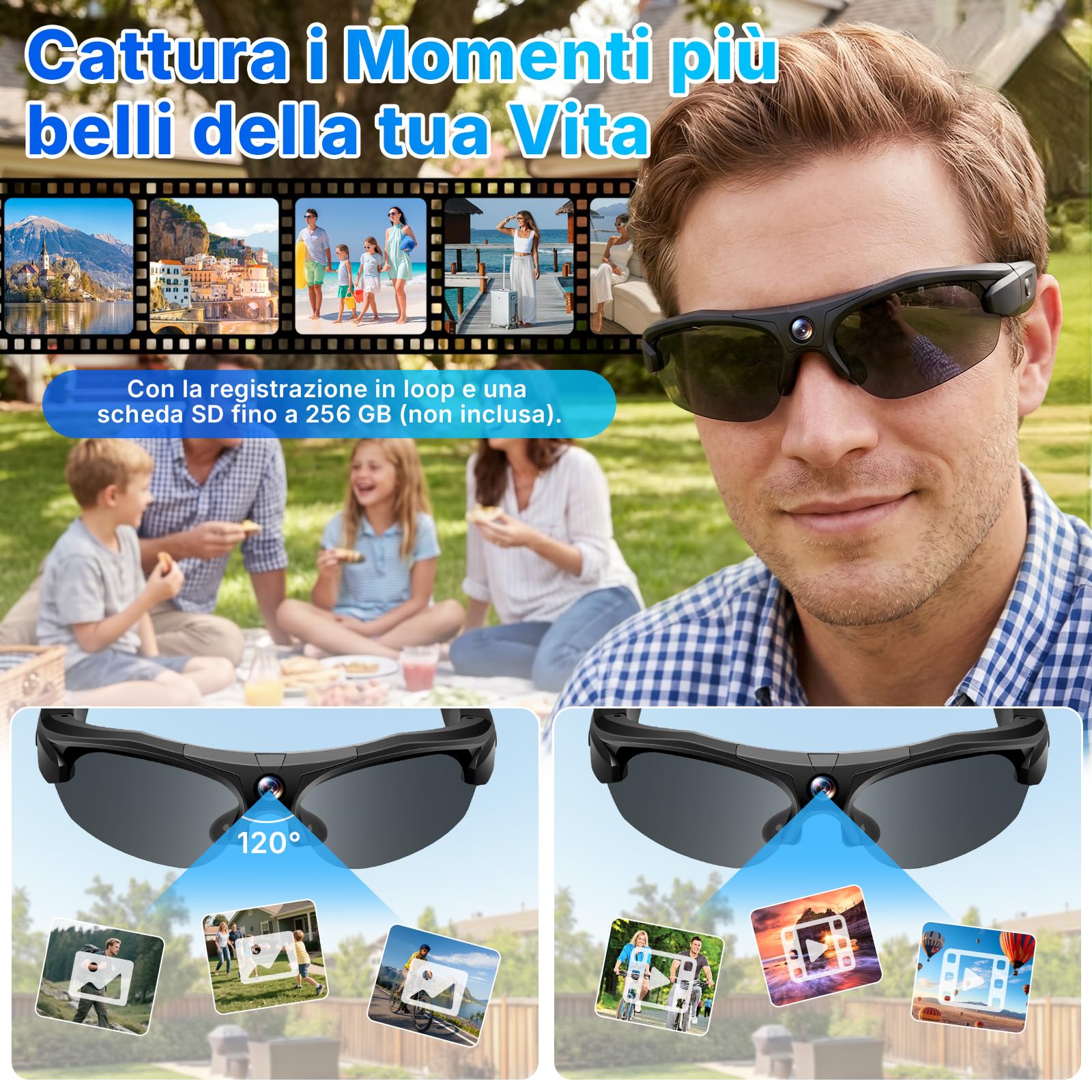 Occhiali da Sole con Telecamera, Occhiali con Telecamera Nascosta | Mini Action Cam, Registrazione video in HD, 100 minuti, 120°, Wi-Fi, registrazione in loop per attività all'aperto