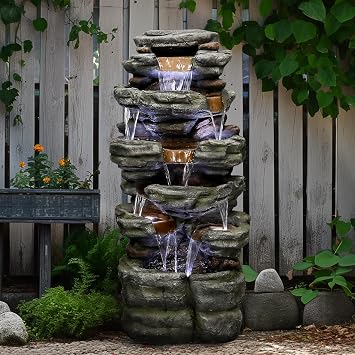 SunJet 47.2" High 6-Tiers Cascading Rock Outdoor Water Fountain with LED Lights - Large Outdoor Fountains and Waterfalls for Garden or Patio, Yard, and Deck Decor, Featuring Natural Stone Look