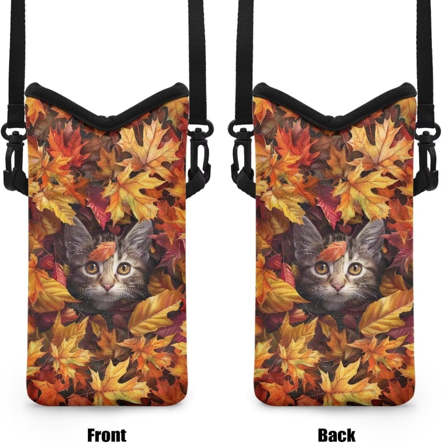 Small Crossbody Cellphone Bag Portable Neoprene Phone Pouch Stylish Sleeve Case with Adjustable Strap Phone Bag Hook and Loop Fastener, 4 X 8 Inch, Maple Leaf Cat